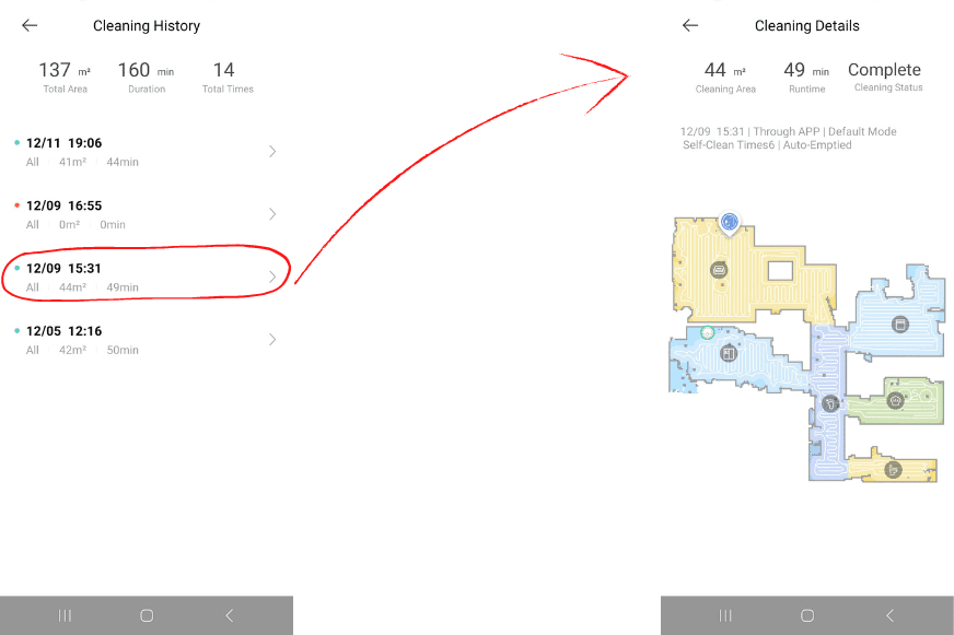 Statistiken zu vergangenen Reinigungsläufen werden in der Dreamehome App angezeigt.